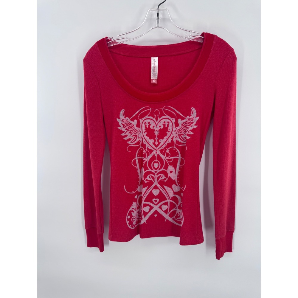 No Boundaries Thermal Top Womens Long Sleeve Red Winged Heart Graphic Y2K Size M